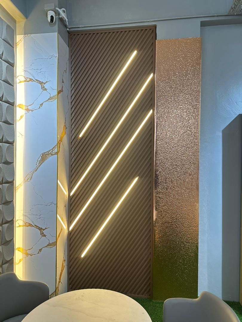 45-Degree Coffee Fluted Panel Feature Wall with LED